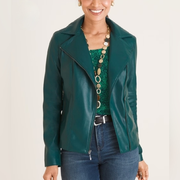 Chico's Jackets & Blazers - Chico's Teal Green Fitted Faux Leather Moto Jacket 16